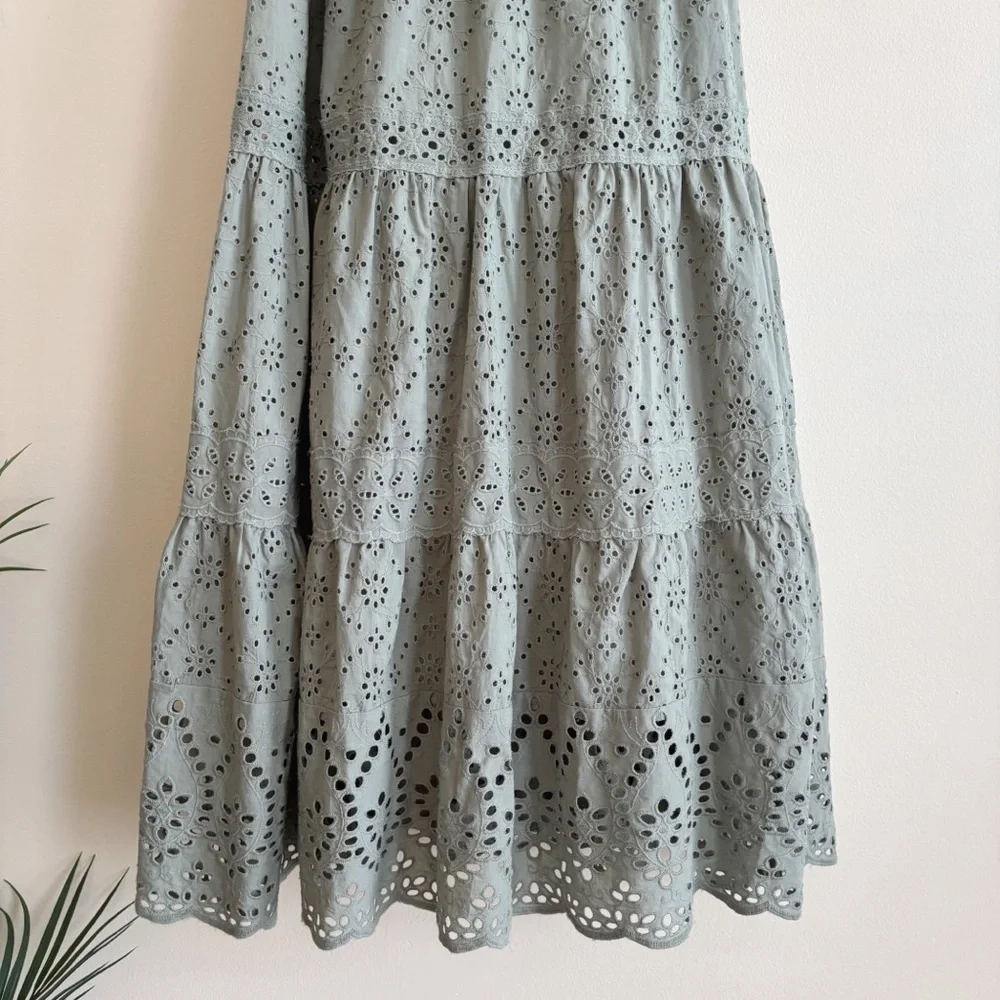 Current Air Sage Green Tiered Eyelet Midi Dress XS Anthropologie - Picture 4 of 9
